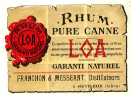 OENOGRAPHILIE - Très Ancienne ETIQUETTE D’eau-de-vie RHUM Pure Canne LOA - HZ3 - Rum