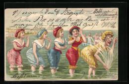 Lithographie Frauen In Badeanzügen Im Meer  - Moda