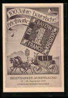 AK Lindau, Briefmarken-Ausstellung 100 Jahre Bayrische Briefmarke 1948, Postkutsche & Briefmarke 1 Kreuzer  - Briefmarken (Abbildungen)