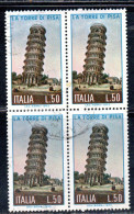 ITALIA REPUBBLICA ITALY REPUBLIC 1973 LA TORRE DI PISA TOWER LIRE 50 QUARTINA BLOCK USATO USED OBLITERE' - 1971-80: Used