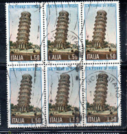 ITALIA REPUBBLICA ITALY REPUBLIC 1973 LA TORRE DI PISA TOWER LIRE 50 BLOCCO BLOCK USATO USED OBLITERE' - 1971-80: Used
