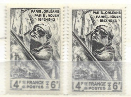 FRANCE N° 618 4F + 6F BRUN CENTENAIRE DE LA LIGNE PARIS ORLEANS 2 NUANCES NEUF SANS CHARNIERE - Neufs