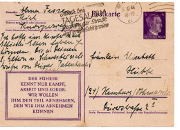 64515 - Deutsches Reich - 1944 - 6Pfg Hitler GAKte KIEL - AUCH BEI TAGESALARM ... -> Hamburg - Lettres & Documents