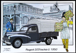 ► PEUGEOT 203 Bâchée U8 -  Pavillon Cours Des Halles Paris- CPM   Illustrateur - Passenger Cars