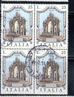 ITALIA REPUBBLICA ITALY REPUBLIC1973LE FONTANE ITALIANE FOUNTAINS IMMACOLATELLA NAPOLI LIRE 25 QUARTINA BLOCK USATO USED - 1971-80: Used