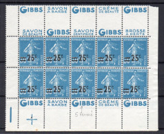 !!! 25C/30C SEMEUSE AVEC PUBS GIBBS PANNEAU DE 10 VARIETE BOUCLE DU 5 FERME NEUF ** - Unused Stamps