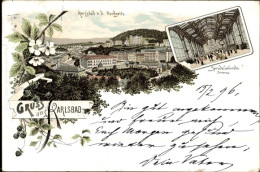 Lithographie Karlovy Vary Karlsbad Stadt, Sprudelkolonade - Tchéquie