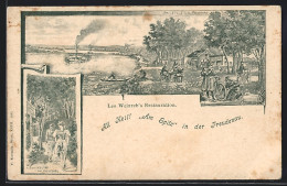 Lithographie Freudenau, Leo Weinreb`s Gasthaus Restauration Am Spitz, Raddampfer Auf Dem Fluss, Radtour  - Other & Unclassified