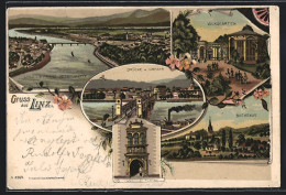 Lithographie Linz, Brücke Und Urfahr, Volksgarten, Buchenau, Landhaus-Portal, Ortsansicht Von Der Franz Josef-Warte  - Sonstige & Ohne Zuordnung