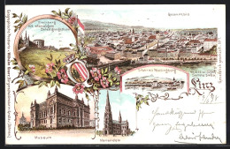 Lithographie Linz, Mariendom, Museum, Freinberg Mit Ehemaligem Befestigungsturm  - Sonstige & Ohne Zuordnung