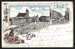 Lithographie Linz A. D., Franz Josefs Platz Mit Domkirche, Innere Landstrasse  - Sonstige & Ohne Zuordnung