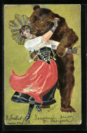 Künstler-AK Sign. E. Oswald: Frau In Schweizer Tracht Tanzt Mit Bär  - Bears