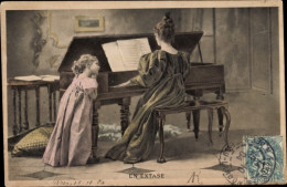 Lithographie Frau Am Klavier, Klavierspiel, Tochter, Wohnhaus - Autres & Non Classés