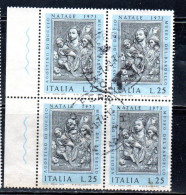 ITALIA REPUBBLICA ITALY 1973 NATALE CHRISTMAS NOEL WEIHNACHTEN NAVIDAD LIRE 25 QUARTINA BLOCK USATO USED OBLITERE' - 1971-80: Oblitérés