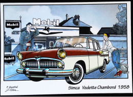 ► SIMCA VEDETTE CHAMBORD 1958 - Route De France Station Essence MOBIL   - CPM   Illustrateur - Voitures De Tourisme