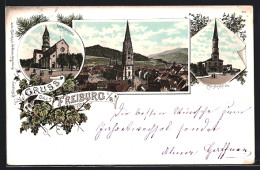 Lithographie Freiburg / Breisgau, Ludwigskirche, Christuskirche  - Freiburg I. Br.