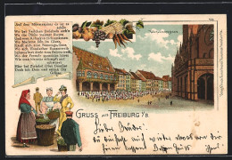 Lithographie Freiburg / Breisgau, Wochenmarktplatz Mit Strassenhändlern, Obstverkäuferin  - Freiburg I. Br.