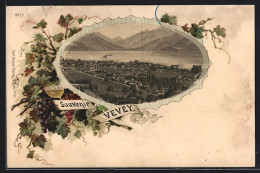 Lithographie Vevey, Teilansicht, Weinglas- Und Trauben, Passepartout  - Vevey