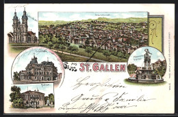 Lithographie St. Gallen, Unionbank, Museum, Monumental-Brunnen, Kathedrale, Panorama Um 1900  - San Galo