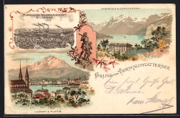 Lithographie Luzern /Vierwaldstättersee, Teilansicht Mit Pilatus, Salzuflen, Hoffmann`s Stärkefabriken, Reklame  - Luzern