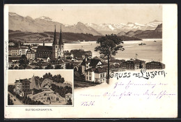 Lithographie Luzern, Gletschergarten, Stadtansicht Von Oben Mit Seeparorama Um 1900  - Luzern