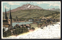 Lithographie Luzern, Flusspartie Gegen Bergpanorama  - Lucerna