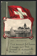 AK Ouchy, Hotel Du Chateau Et Port, Passepartout Mit Schweizer Flagge  - Sonstige & Ohne Zuordnung