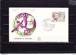 MONACO 1976 CENTENAIRE DU TELEPHONE GRAHAM BELL FDC Yvert 1053 - FDC