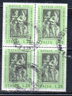 ITALIA REPUBBLICA ITALY REPUBLIC1973NATALE CHRISTMAS NOEL WEIHNACHTEN NAVIDAD LIRE 20 QUARTINA BLOCK USATO USED OBLITERE - 1971-80: Used