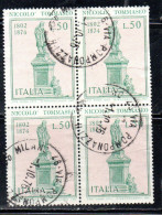 ITALIA REPUBBLICA ITALY REPUBLIC 1974 CENTENARIO MORTE NICCOLO' TOMMASEO LIRE 50 QUARTINA BLOCK USATO USED OBLITERE' - 1971-80: Usados