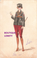 Guerre 1914 1918 Dessin Original Carte Peinte à La Main Femme En Uniforme Fumant Une Cigarette - Guerre 1914-18
