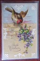 Cpa Best Wishes - Oiseau Sur Un Muret - Fleurs - Relief - Autres & Non Classés