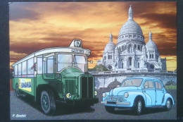 ► BUS Renault TN46 1936 à Pigalle Montmartre  - Publicité BANANIA  Ligne Rapt 67   - CPM Illustrateur - Bus & Autocars