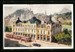 Künstler-AK Salzburg, Bankhaus Carl Spängler & Co., Bismarckstrasse, Strassenbahn  - Altri & Non Classificati