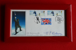 Signed Edmund Hillary Framed Under Glass FDC 50 Th Anniv First Ascent Of Everest Himalaya Mountaineering Escalade - Sportief