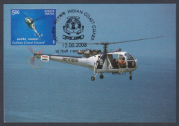 Inde India 2008 Maximum Max Card Indian Coast Guard, Helicopter, Aircraft, Sea, Ocean - Covers & Documents