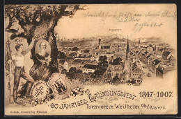 Künstler-AK Weilheim /Obb., 60 Jähriges Gründungsfest D. Turnvereines 1907, Totalansicht  - Weilheim