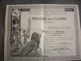 Diplôme ( Ministère De La Guerre 1926 ) Dimensions  34 X 24 Cm - Diploma's En Schoolrapporten