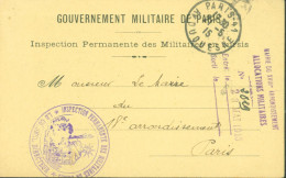 Guerre 14 CP FM Gouvernement Militaire De Paris Inspection Permanente Des Militaires En Sursis CAD Paris 7 5 15 - WW I