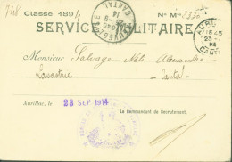 Guerre 14 CP FM Service Militaire Notification De Recrutement D'Aurillac Cachet Bureau Recrutement CAD Aurillac 23 9 14 - 1. Weltkrieg 1914-1918