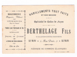 D 72  - LE MANS - Rare CARTE PUBLICITAIRE - HABILLEMENTS TOUT FAITS - Rouennerie - Berthelage Fils 9 Rue Dorée - Le Mans