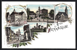 Lithographie Neckarsulm, Rathaus, Hauptstrasse, Königl. Oberamt  - Neckarsulm