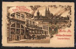 Lithographie Köln, Gasthaus Weinstube Zum Treppchen V. M. Beckmann, Am Hof 38-44, Dom, Dampfer, Wappen, Pferdegespann  - Köln