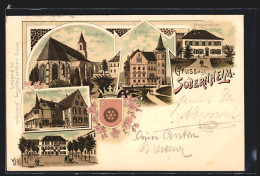 Lithographie Sobernheim, Diakonissenhaus, Progymnasium, 1. Fuchs`sches Haus, Marktplatz, Grosse Kirche U. Stadthaus  - Bad Sobernheim