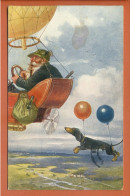 CPA Fantaisie - Illustration, Humour - Vieil Homme Dirigeant Un Ballon (dirigeable) - Chien (Teckel) En Vol Avec Ballons - 1900-1949