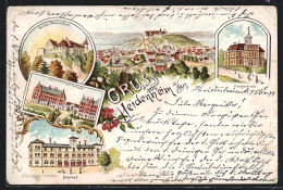 Lithographie Heidenheim / Brenz, Bezirkskrankenhaus, Ortsansicht, Postgebäude  - Heidenheim