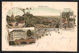 Lithographie Weinheim / Bergstrasse, Gasthaus Pfälzer Hof, Kriegerdenkmal Und Roter Thurm  - Weinheim