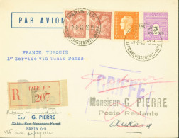 Guerre 40 Paris 2 8 45 Par Avion Recommandé Cachets France Turquie 1er Service Via Tunis Damas + Griffe Manuscrit Retour - Oorlog 1939-45