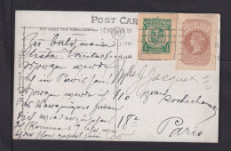 2 Verschiedene 1/2 P. Ganzsachenausschnitte Auf Karte Ab London Nach Paris - Storia Postale