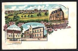 Lithographie Zornheim, Schulhaus, Kriegerdenkmal, Katholische Kirche, Panorama  - Altri & Non Classificati